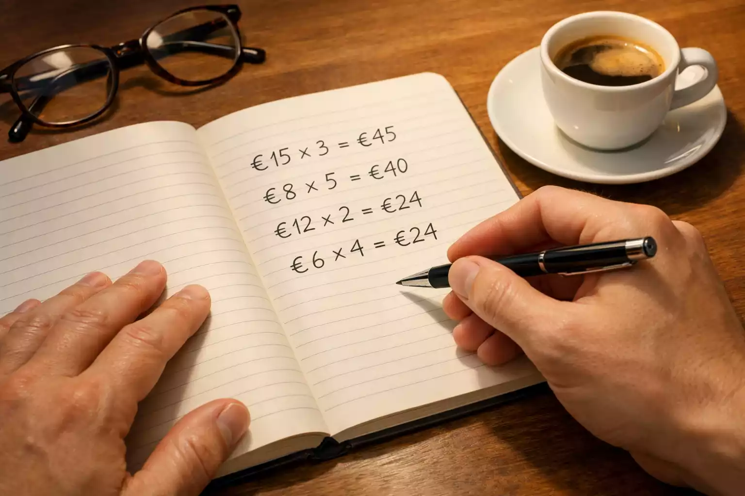 Mani che scrivono calcoli su un foglio con simboli euro