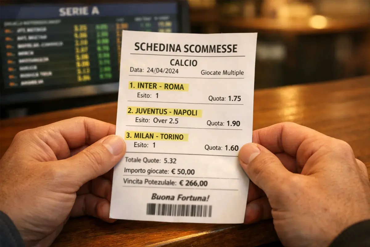 Schedina di scommesse su partite di calcio con tre eventi selezionati per un sistema Trixie