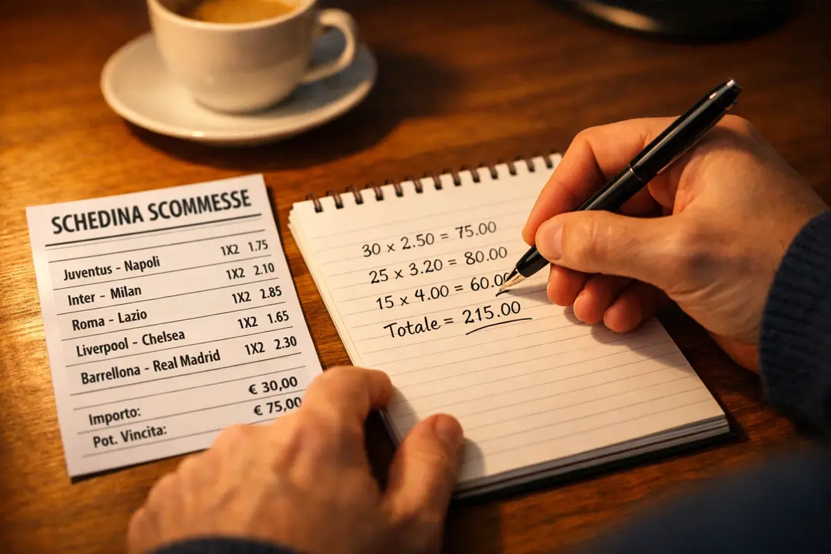 Persona che annota calcoli su un foglio accanto a una schedina di scommesse sportive di calcio
