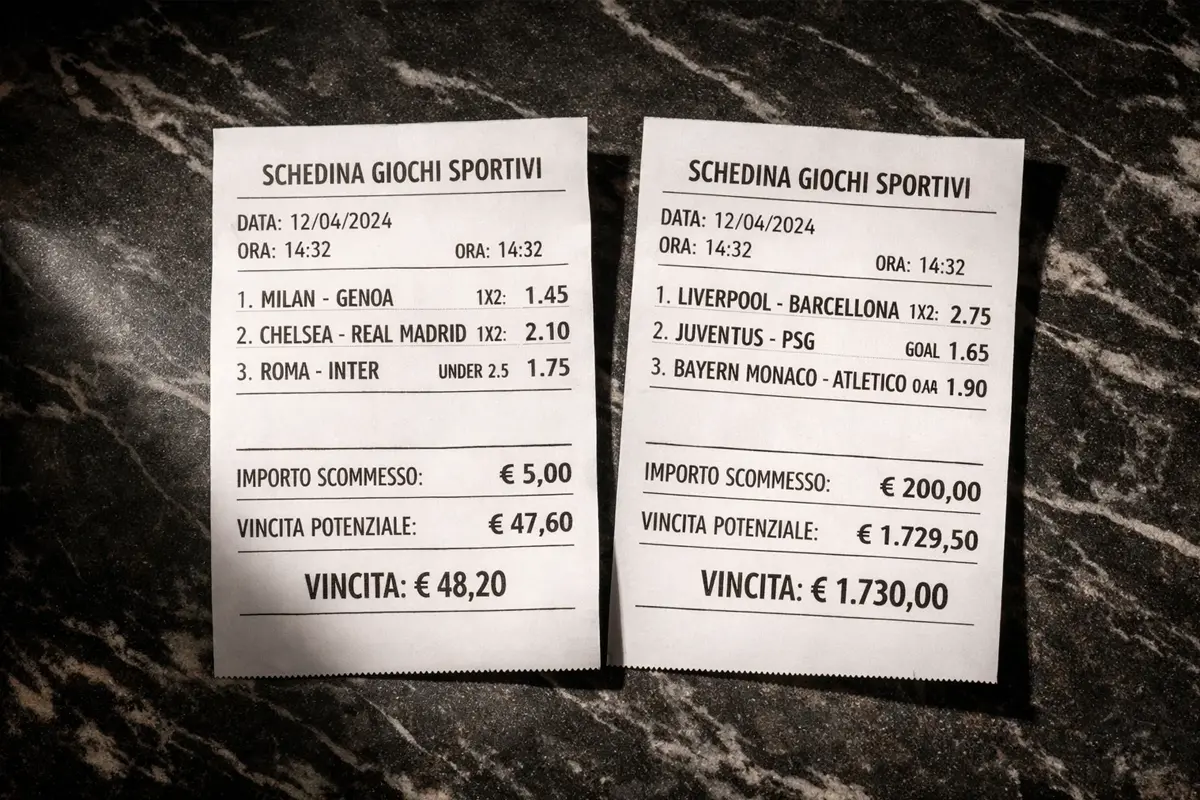 Persona che analizza i risultati di una schedina di scommesse sportive di calcio su un foglio