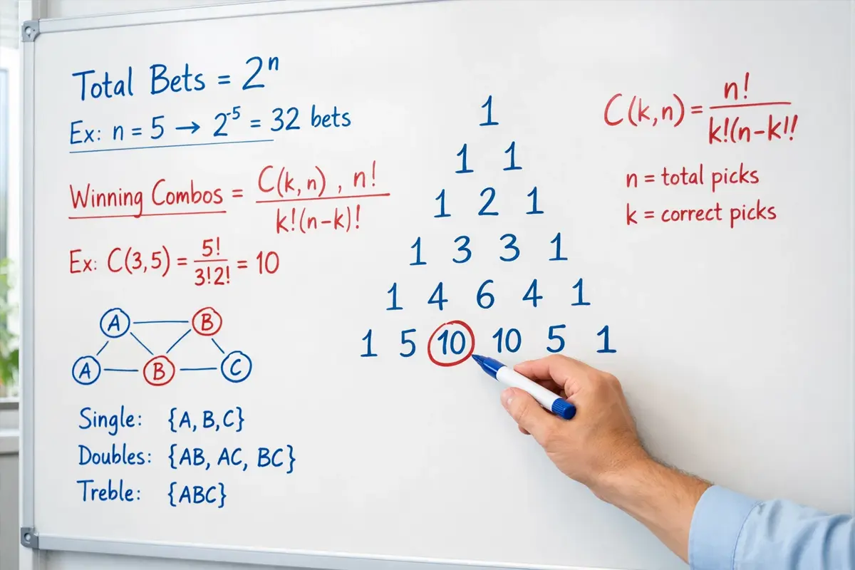 Lavagna con il triangolo di Pascal disegnato a gesso e numeri delle combinazioni dei sistemi scommesse