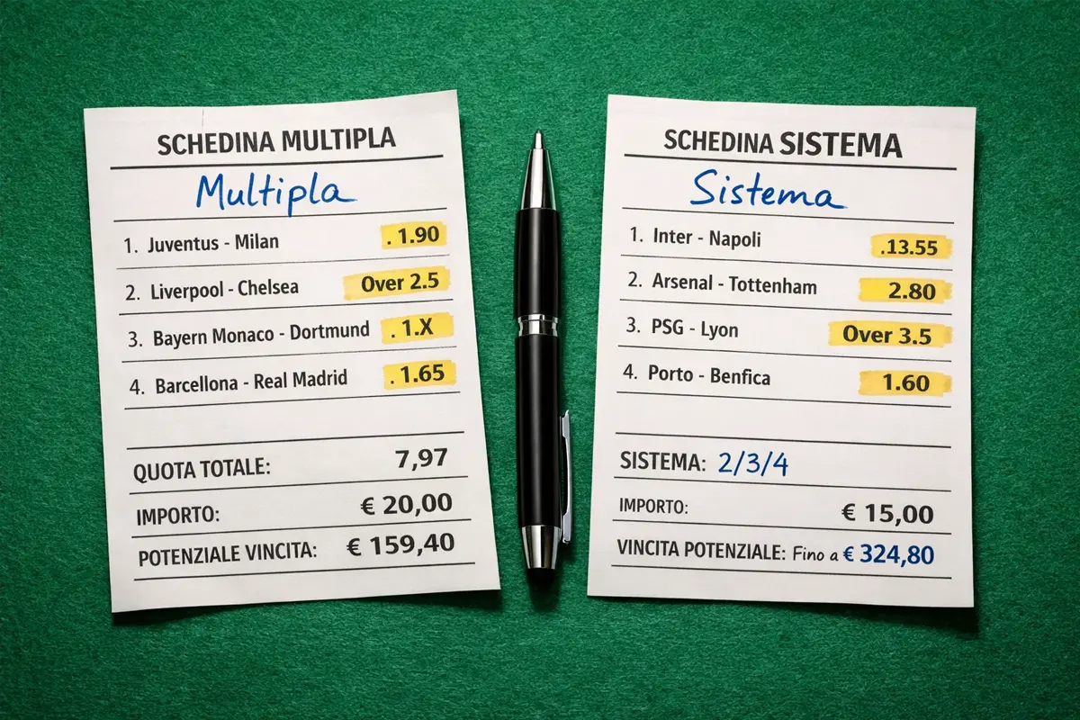 Due schedine di scommesse sportive di calcio affiancate su un bancone di ricevitoria italiana