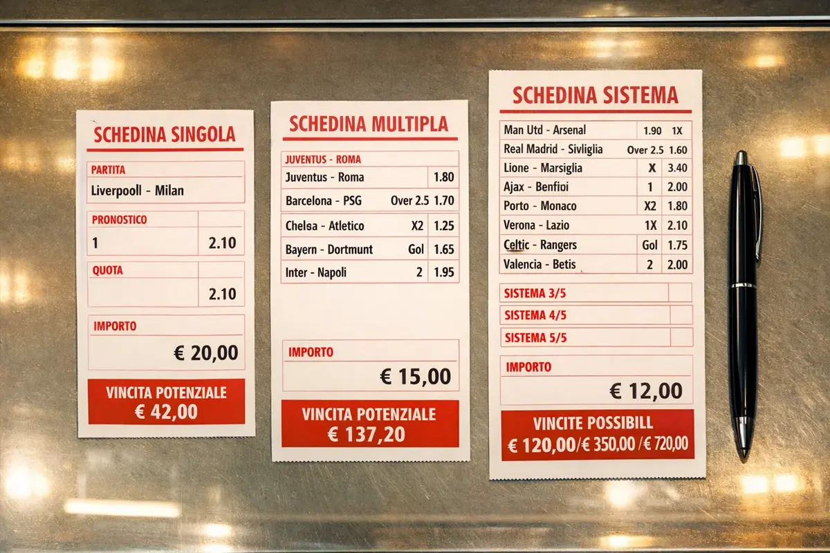 Tre schedine di scommesse sportive di calcio affiancate su un bancone di ricevitoria italiana