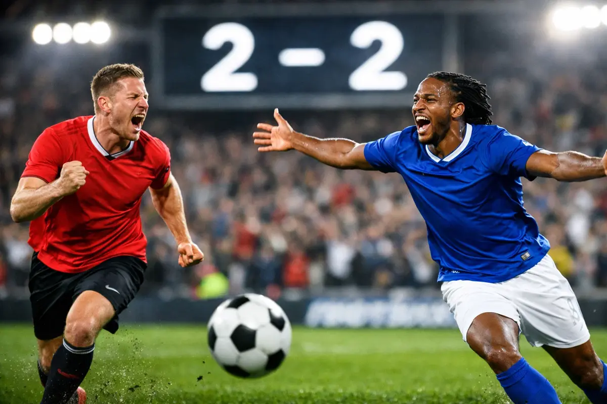 Partita di calcio con entrambe le squadre a segno e tabellone che mostra un risultato di pareggio