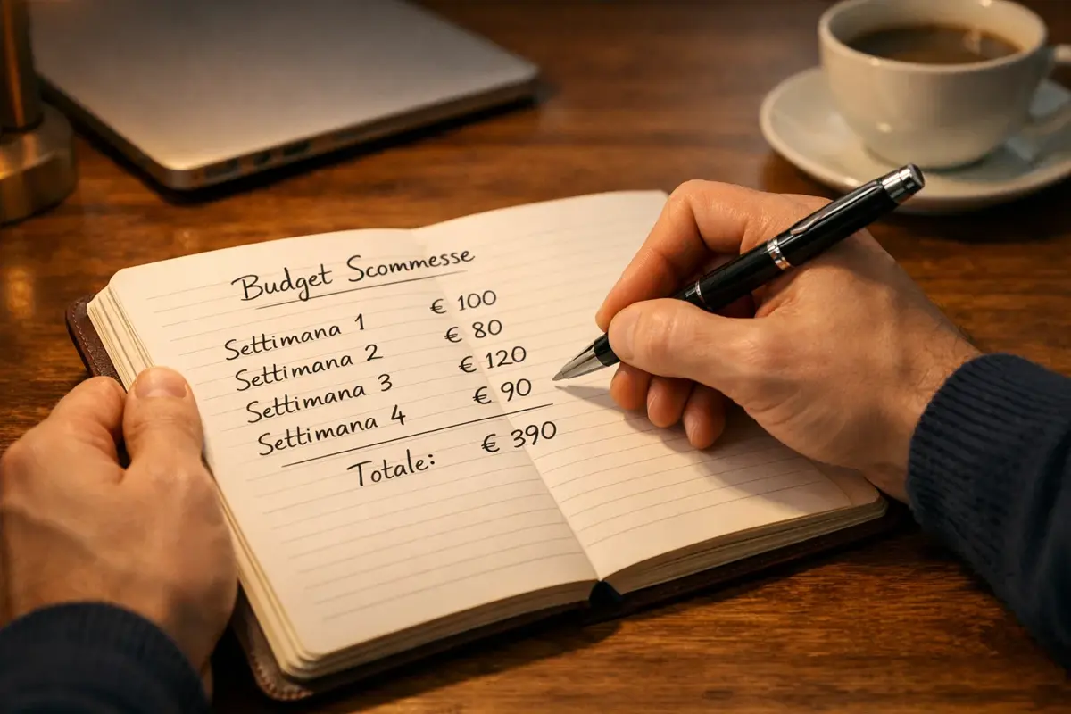 Persona che pianifica il budget per scommesse sportive di calcio annotando cifre su un quaderno