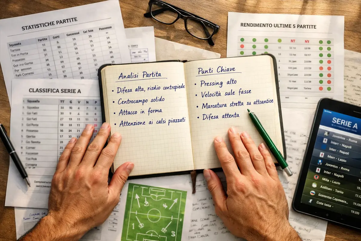 Scommettitore che studia le statistiche delle partite di calcio di Serie A su un foglio di appunti