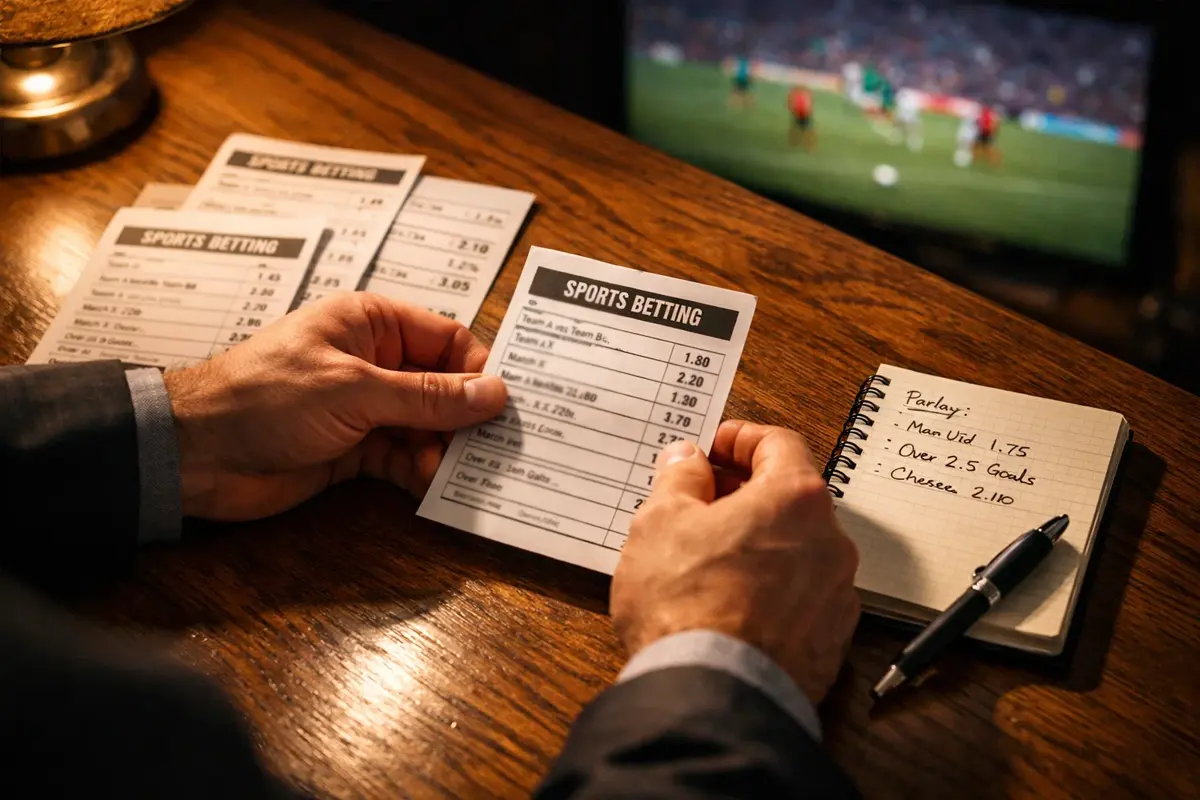 Mano che compone una schedina scommesse con quote alte e basse evidenziate su un tavolo da lavoro