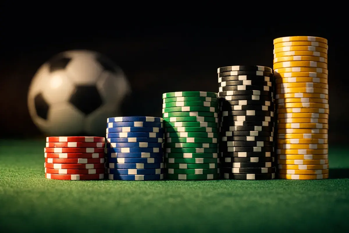 Pila crescente di fiches da gioco su un tavolo verde che rappresenta la progressione delle puntate