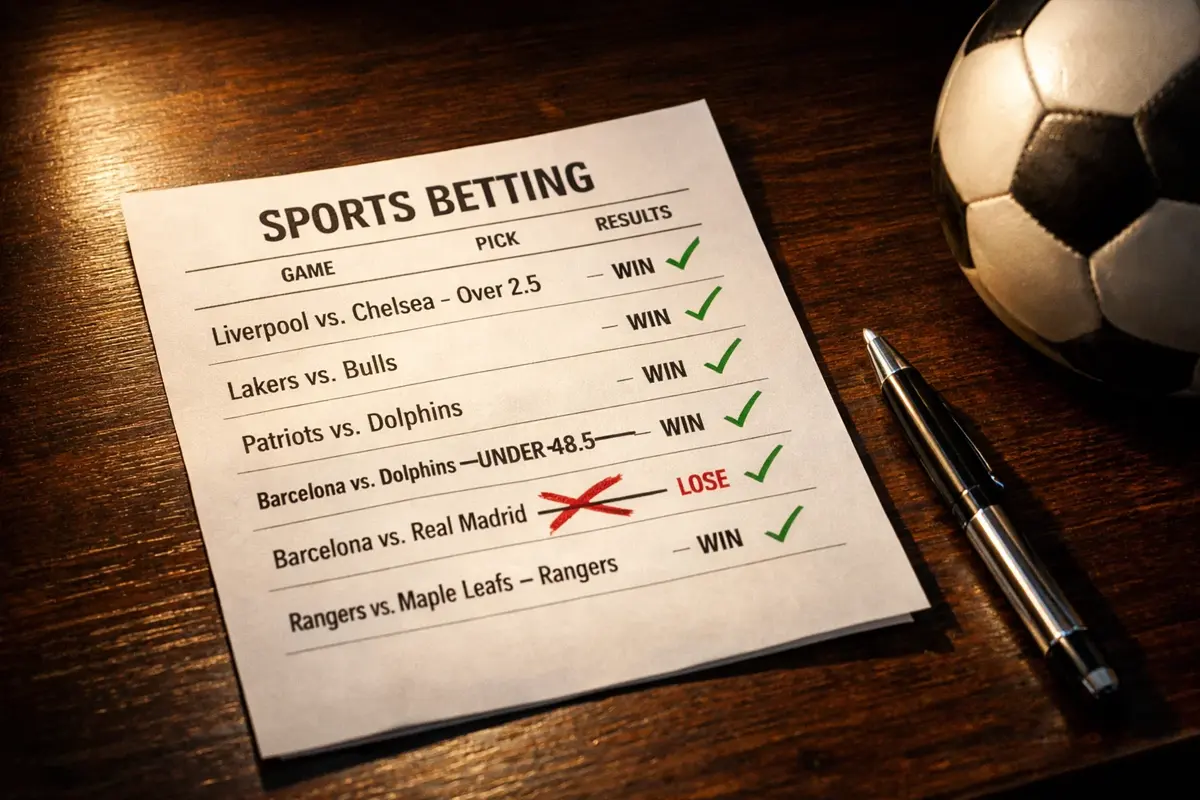 Schedina scommesse con alcuni pronostici sbarrati e altri vincenti su un tavolo illuminato