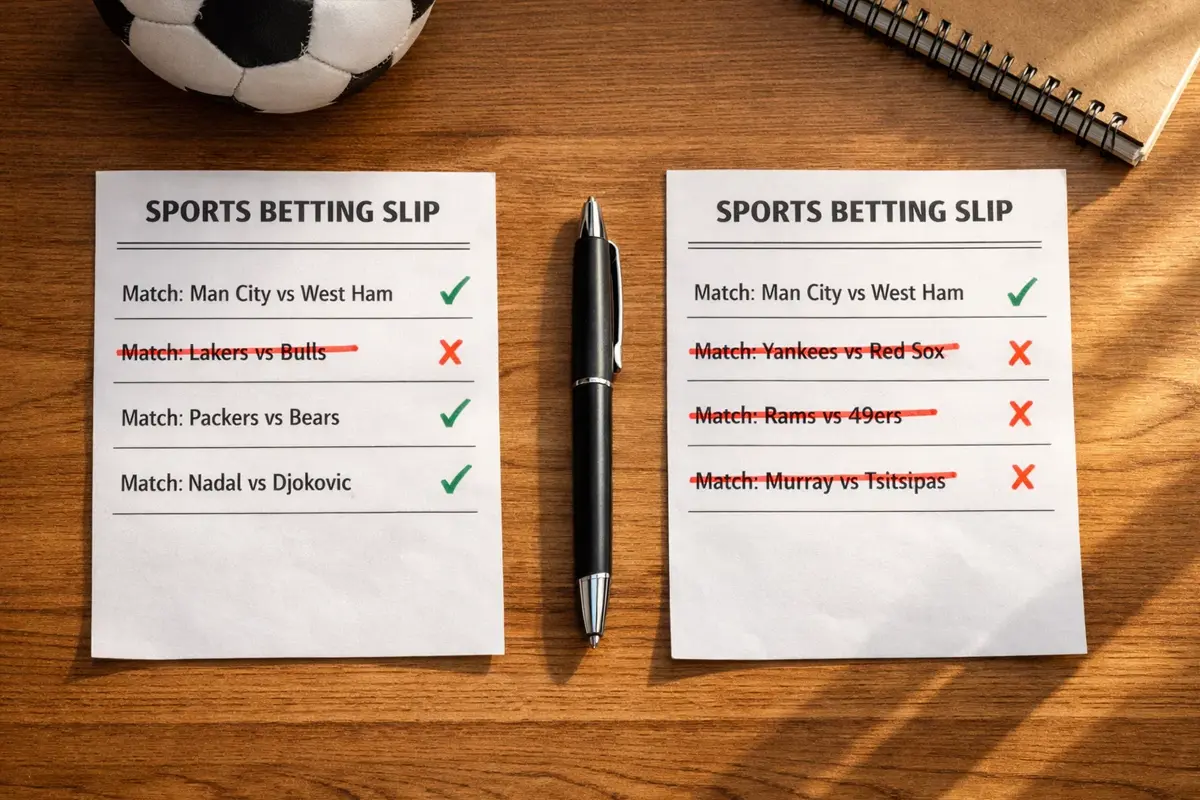 Due schedine scommesse affiancate su un tavolo con risultati diversi evidenziati