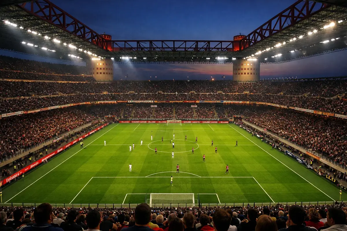 Veduta dello stadio San Siro illuminato durante una partita serale di Serie A con il campo verde in primo piano