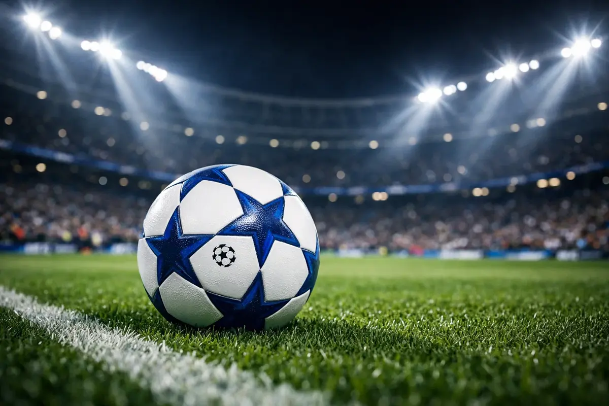Pallone ufficiale della Champions League sul prato verde di uno stadio europeo illuminato dai riflettori notturni