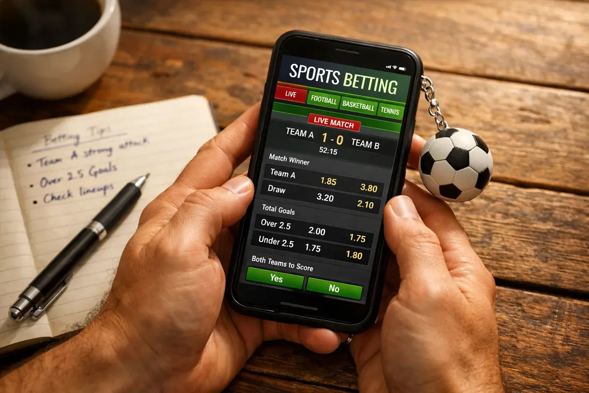 Mani che compilano una schedina scommesse su uno smartphone appoggiato su un tavolo accanto a un blocco di appunti