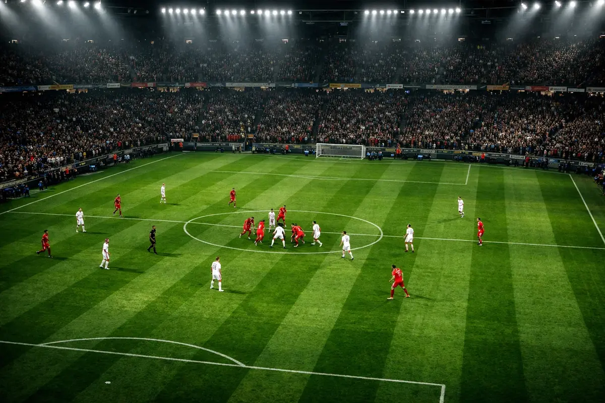 Campo da calcio in Serie A visto dall'alto durante una partita con spalti pieni di tifosi