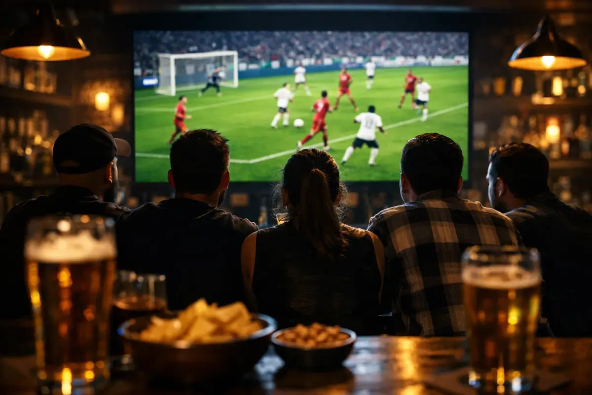 Tifosi che guardano una partita di calcio in diretta su un grande schermo in un locale sportivo illuminato