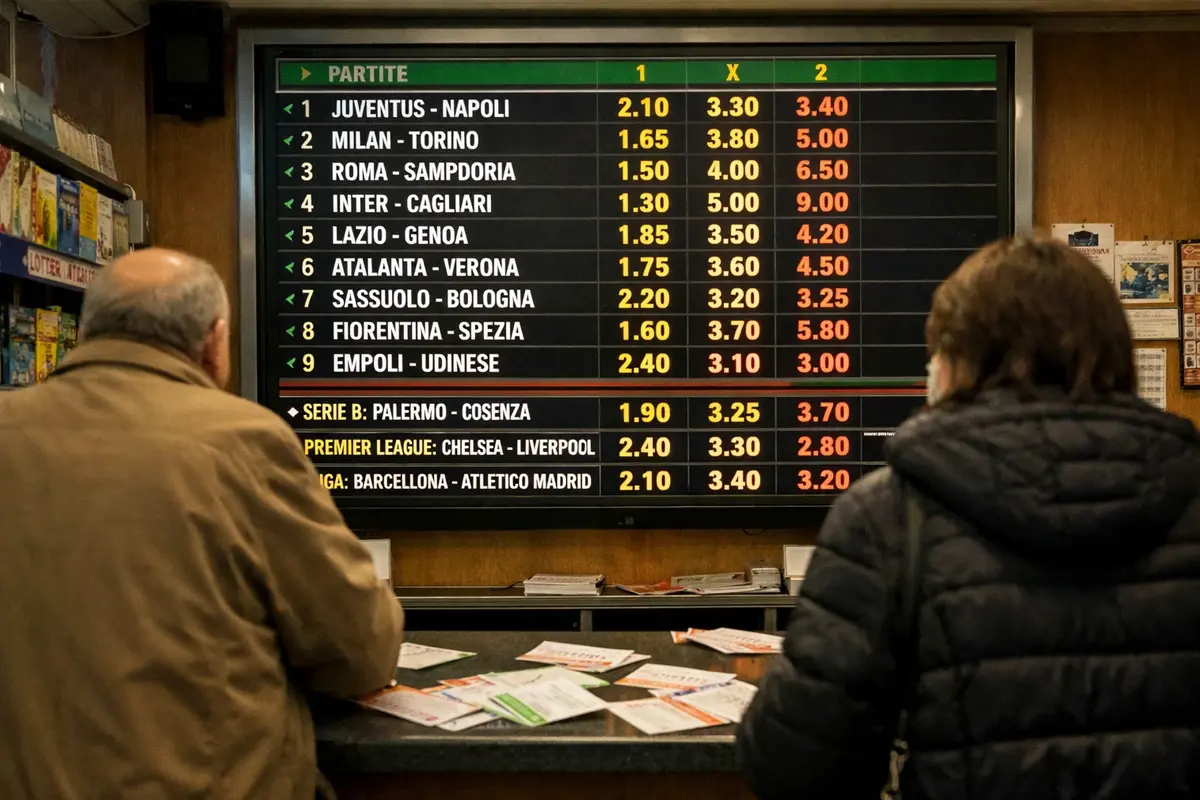 Cinque partite di calcio rappresentate su un tabellone di scommesse sportive in una ricevitoria
