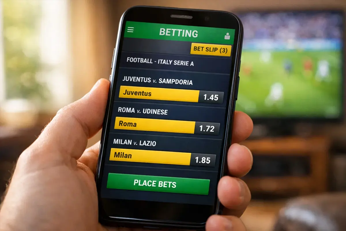 Mano che compila una schedina di scommesse sportive sul bancone di una ricevitoria italiana