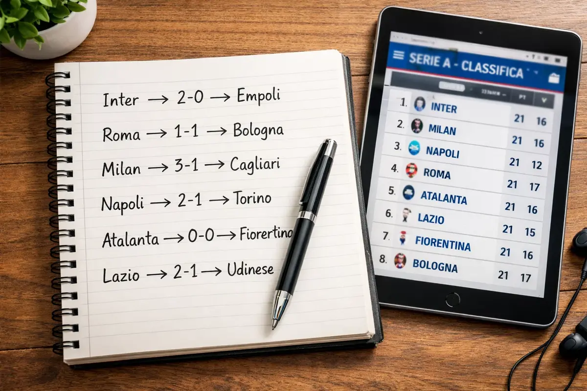 Schedine di scommesse calcio ordinate su un tavolo accanto a un foglio con pronostici scritti a mano