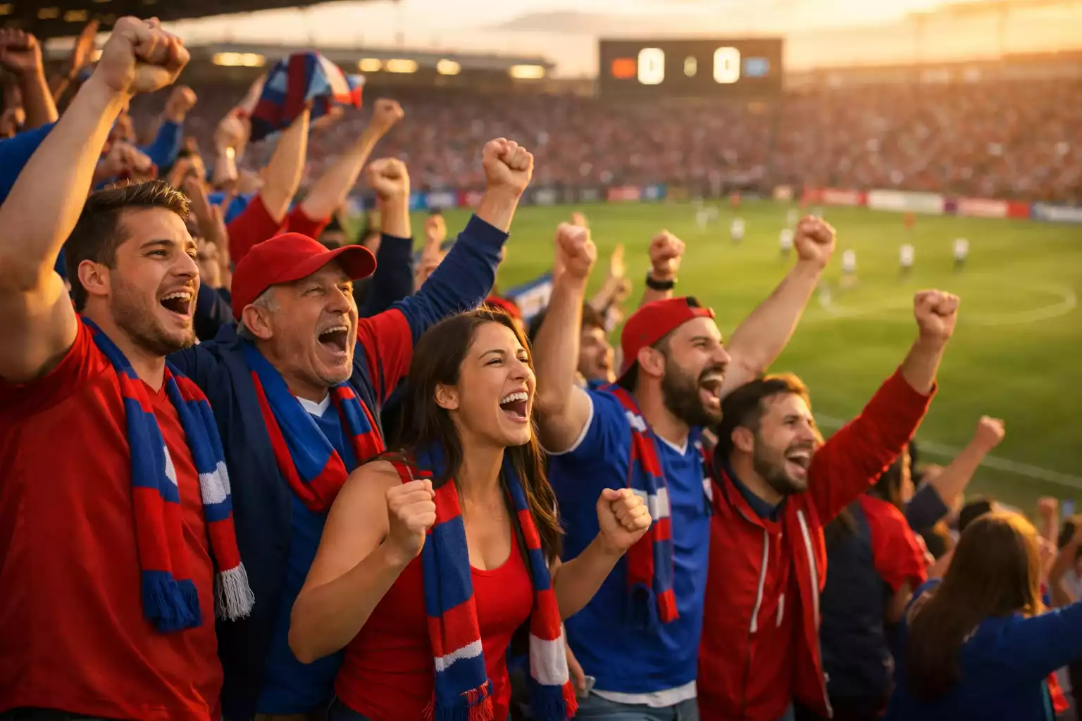Tifosi che guardano una partita di calcio allo stadio con tabellone segnapunti