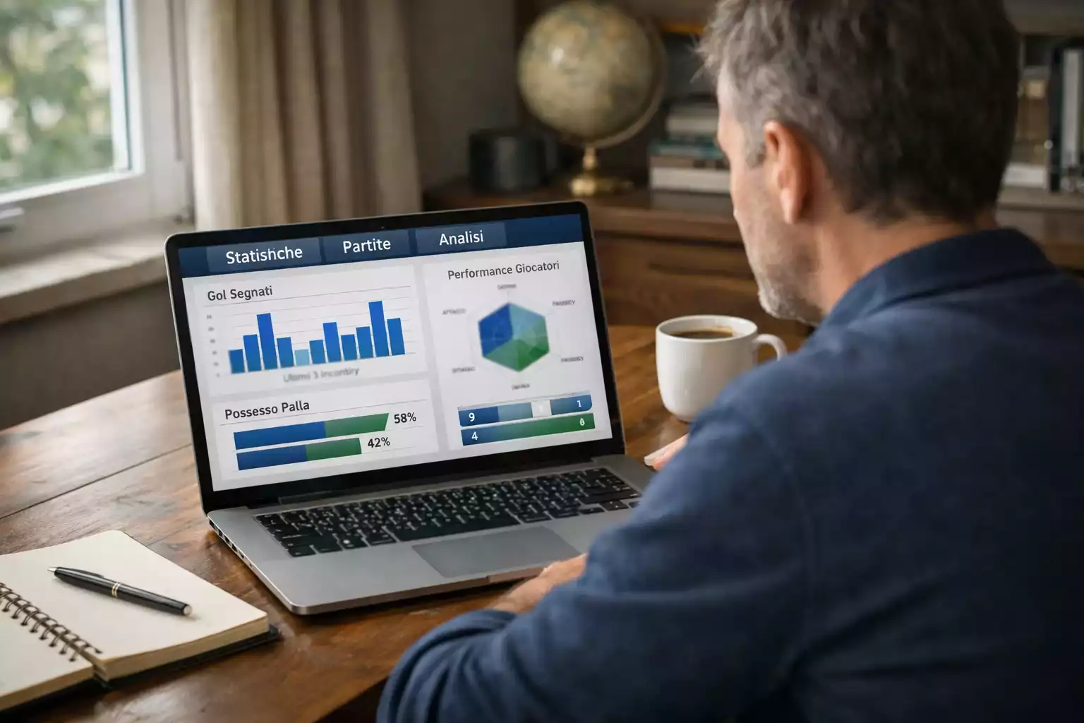 Analista sportivo che studia statistiche di squadre di calcio su laptop